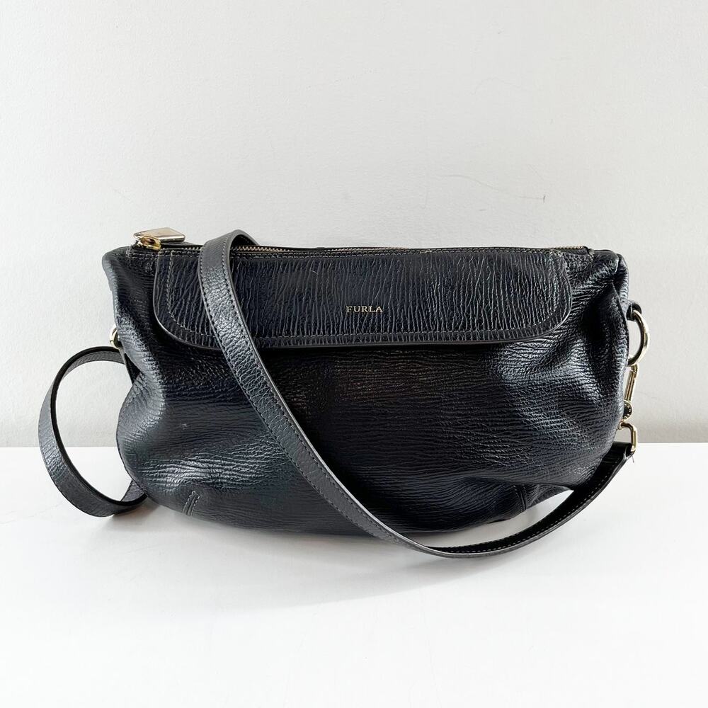 Furla Black Textured Genuine Leather Flapover Shoulder Bag